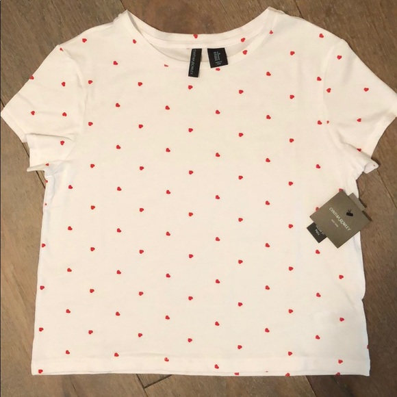 white t shirt with red hearts